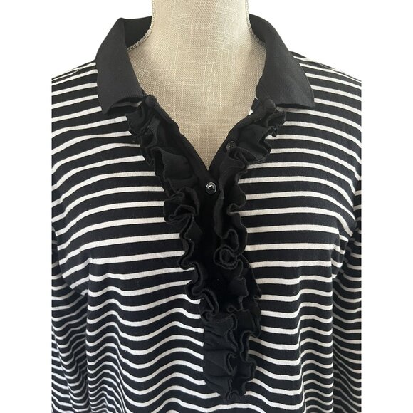 Jones New York Black/White Striped 3/4 Sleeve Polo Shirt W/Ruffle Detail XL - Picture 2 of 8